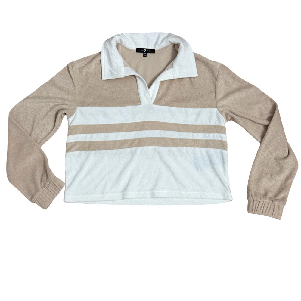 NWOT 7 For All Mankind Women’s Cropped Terry Polo Pullover Striped Tan White XS